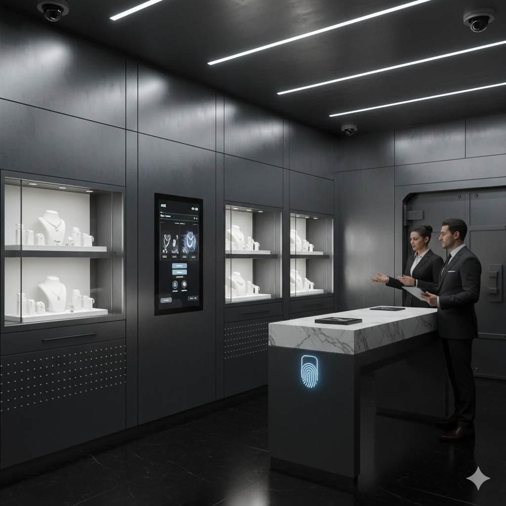 Modern jewelry store interior with digital display and customers interacting.