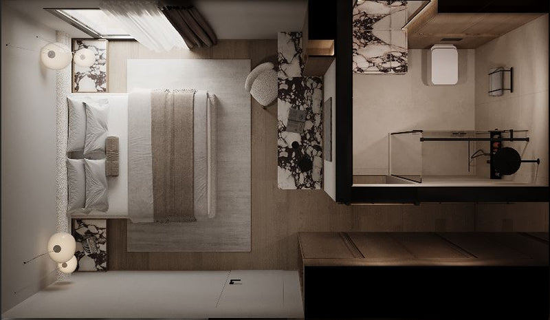 Top-down view of a modern bathroom and bedroom with neutral tones