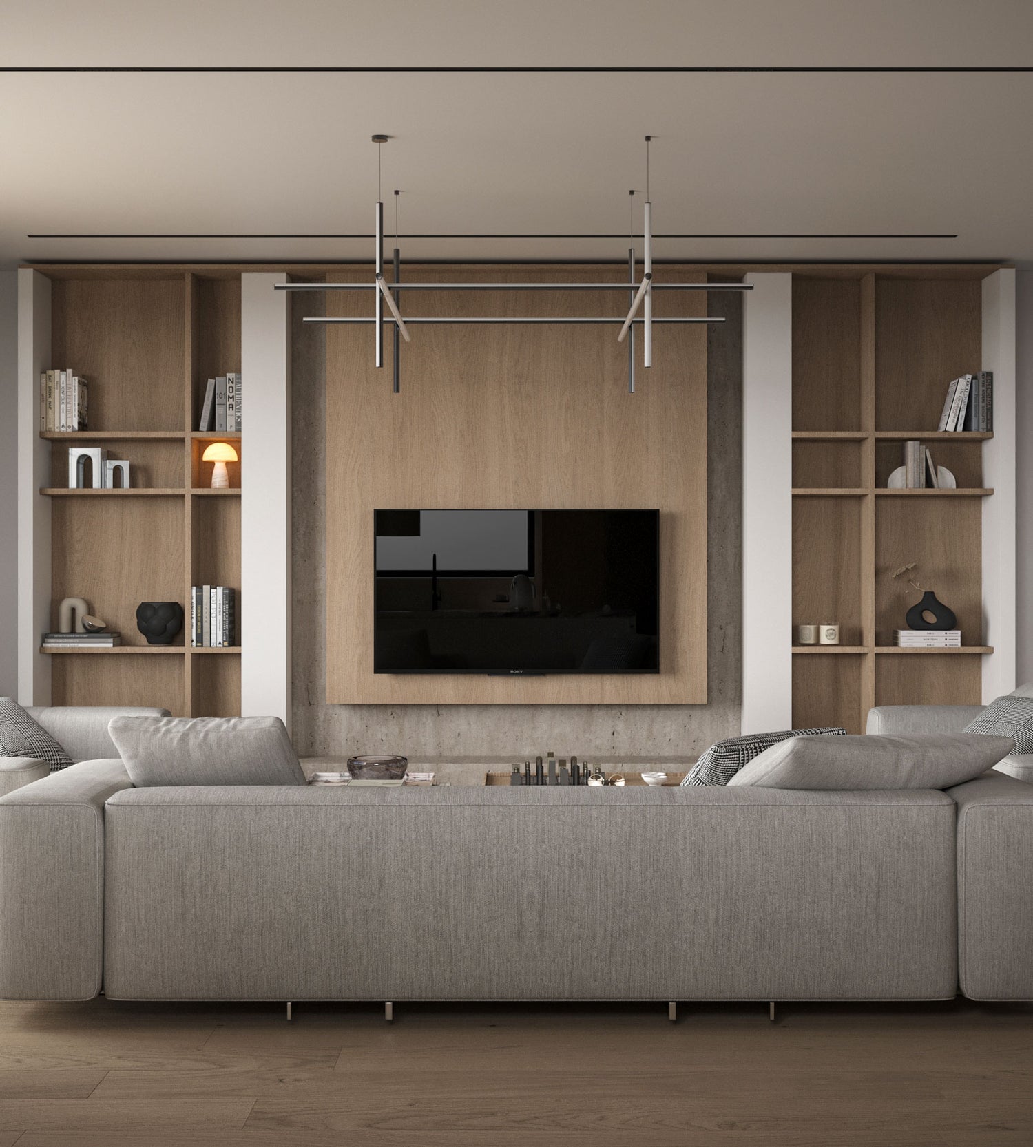 Luxury villa interior design project showing modern living space with textured walls and lighting