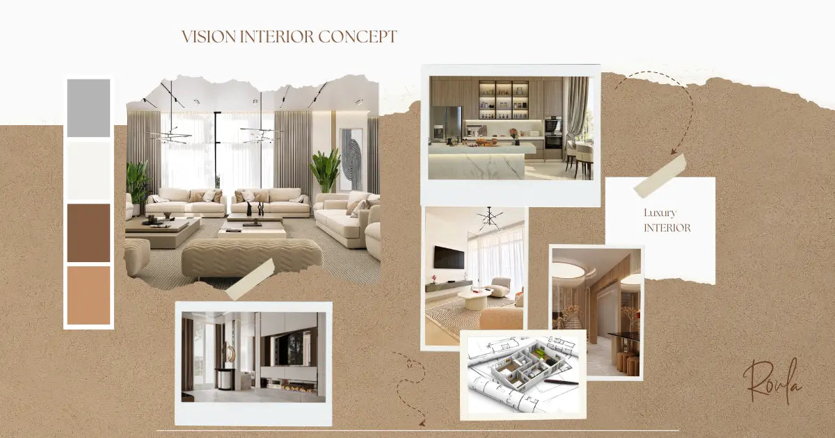 Vision interior concept with living room design and layout on a textured brown background