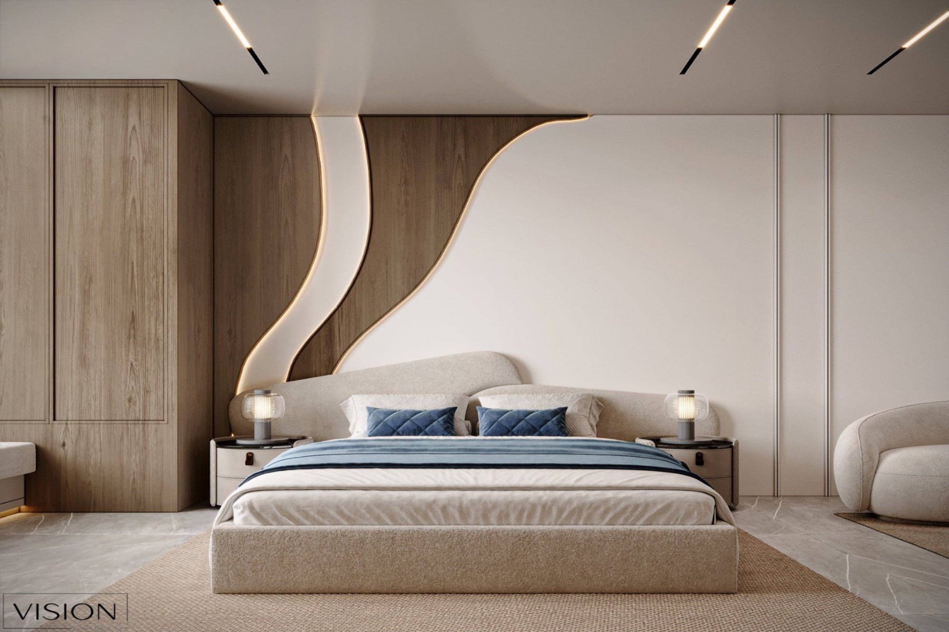 beautiful, contemporary bedroom with a striking custom headboard design in dubai