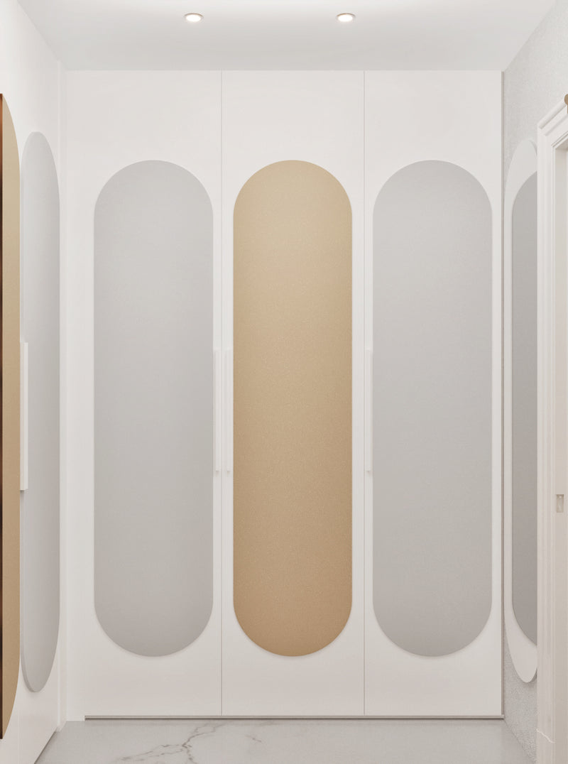 boy bedroom Wall with oval-shaped panels in beige and gray on a white background