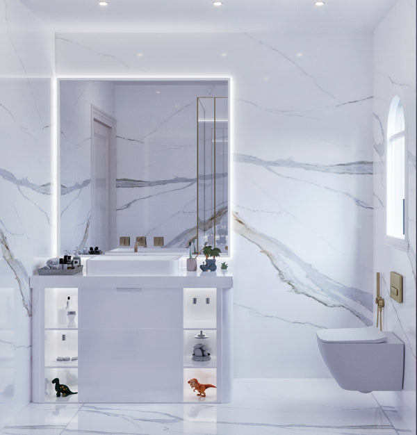 boy bedroom with Modern bathroom with marble walls and a vanity unit.