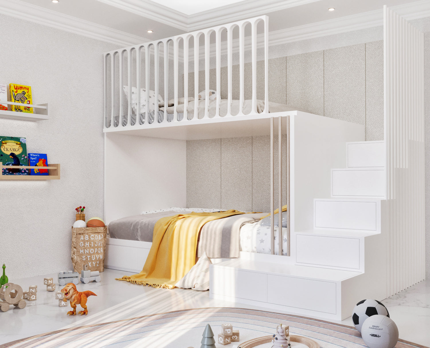boy bedroom with a white loft bed and stairs, toys on the floor.