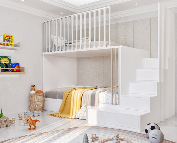 boy bedroom with a white loft bed and stairs, toys on the floor.