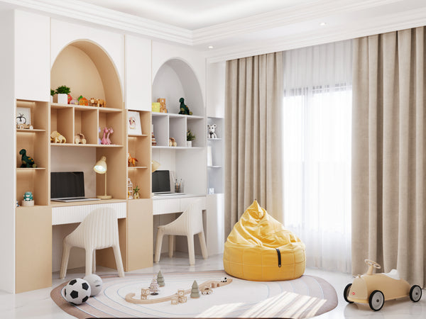 boy bedroom with shelves, desk, chairs, and toys.