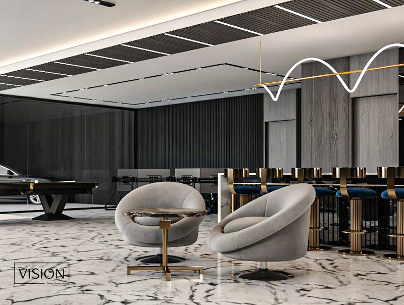 Modern car showroom interior design with black car, gray chairs and marble floor