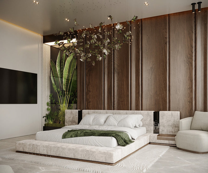 Modern master bedroom with a large bed, decorative pillows, and a stylish headboard.