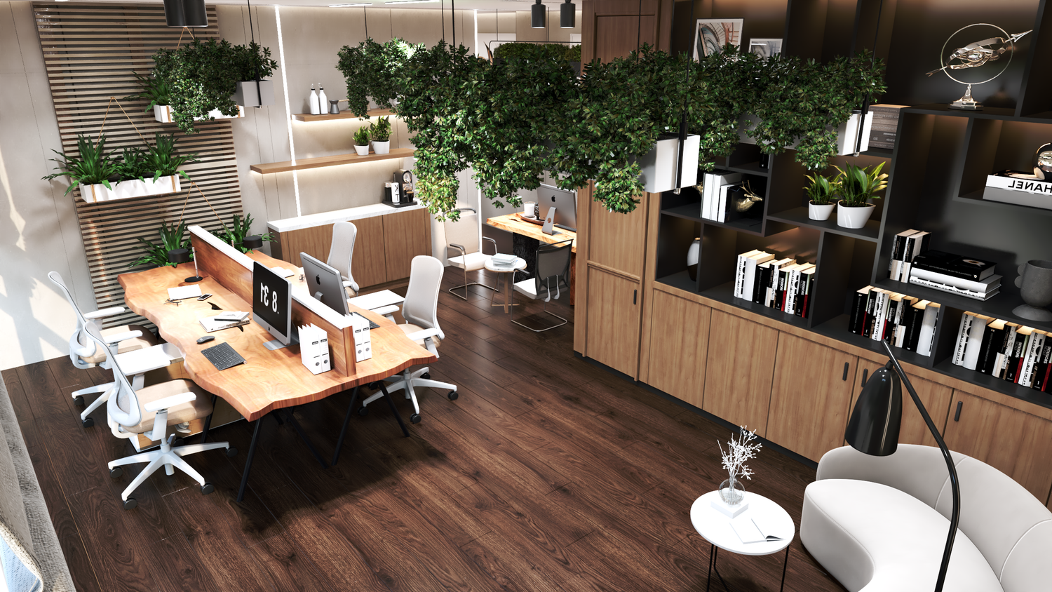Modern office interior with wooden desks, chairs, and decorative plants.
