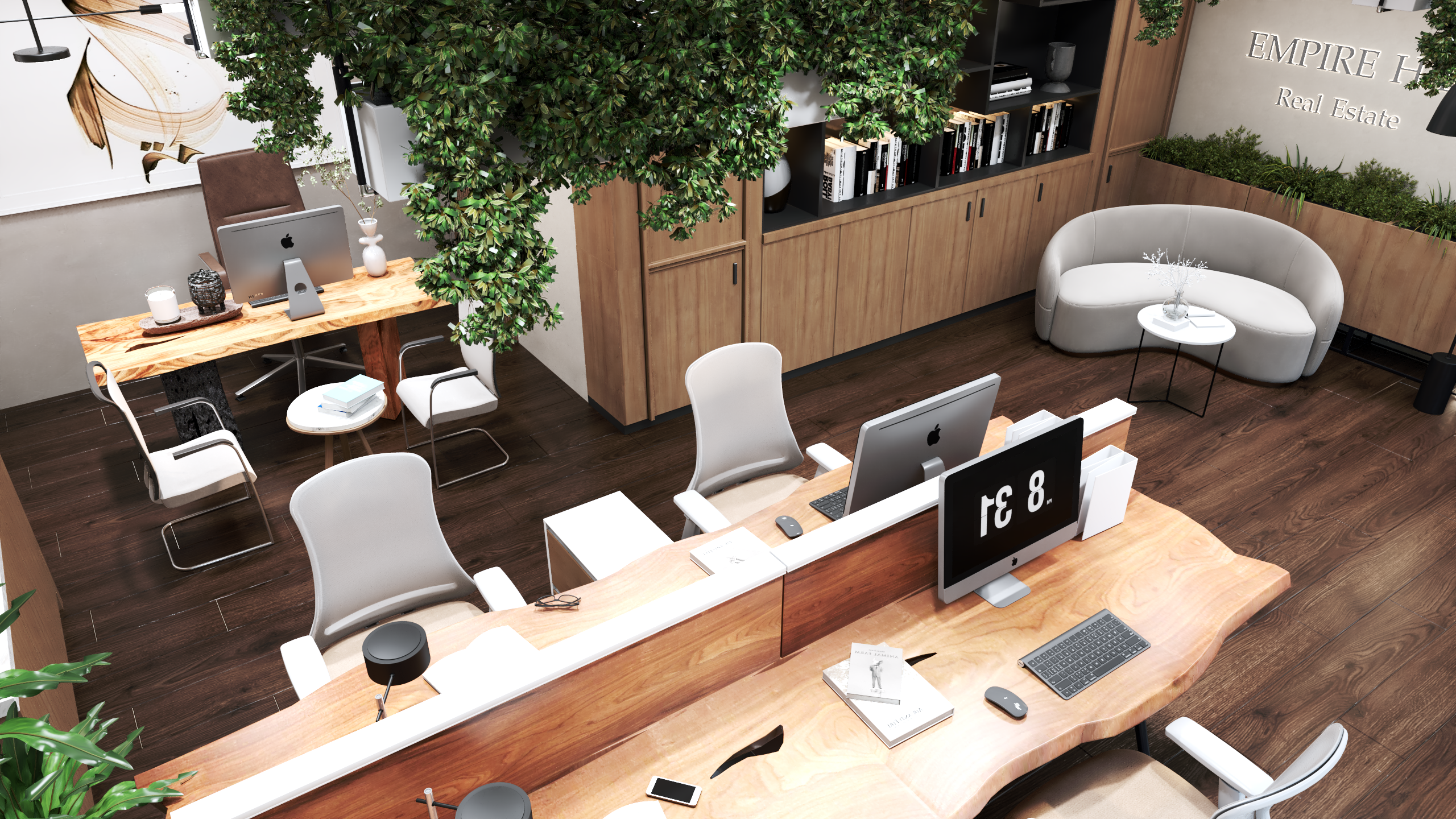 Modern office interior with wooden desks, chairs, and computer equipment.