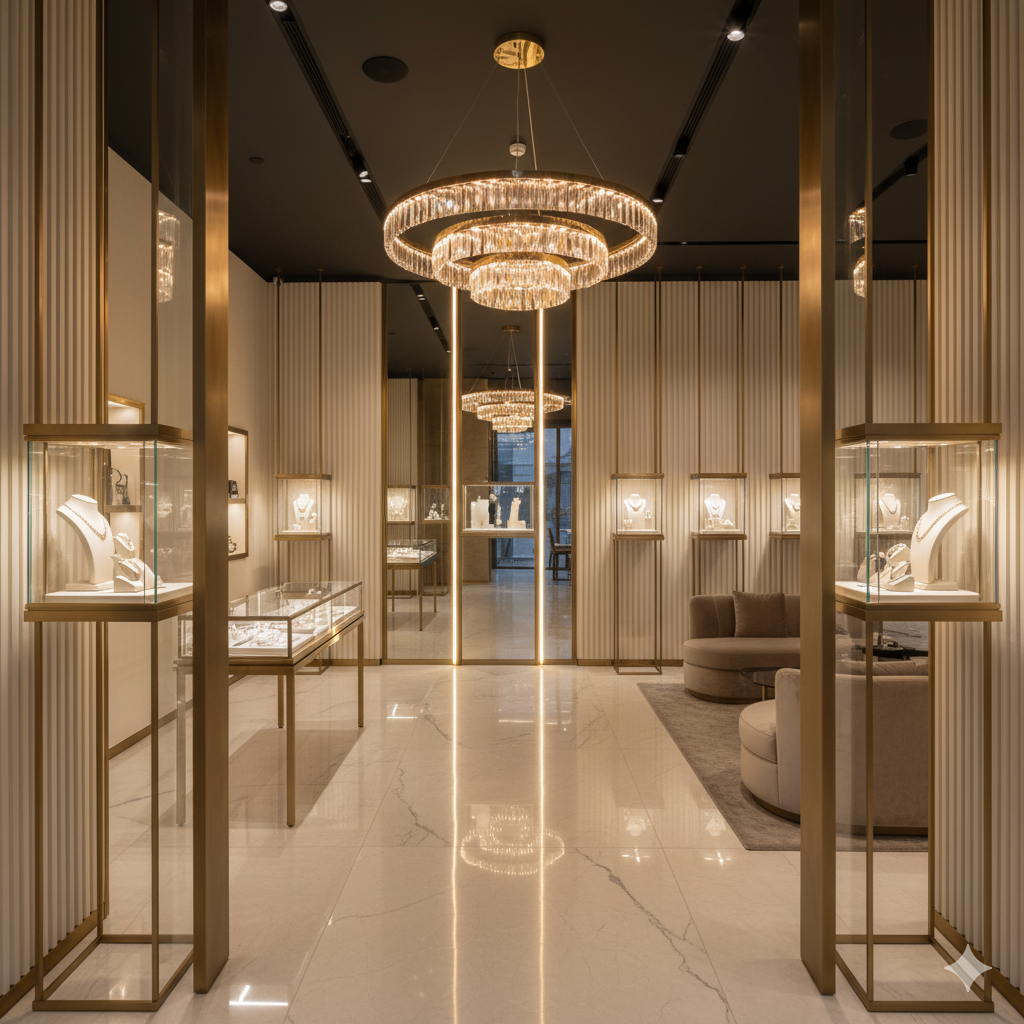 Luxury interior design with chandelier, display cases, and seating area.