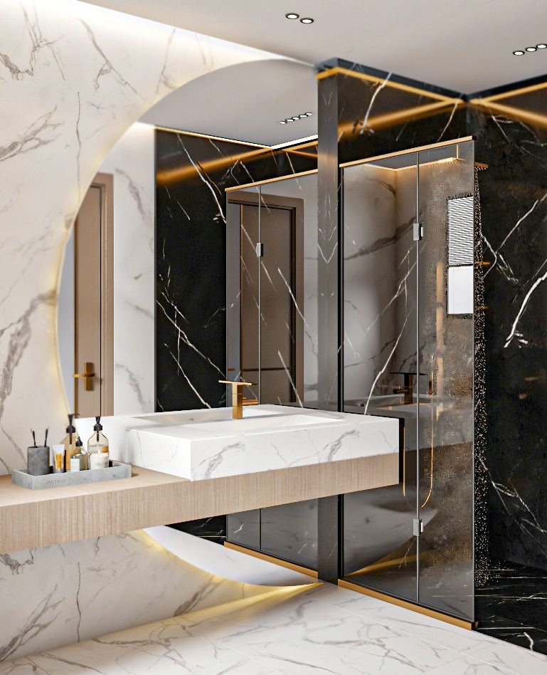 luxury  bathroom interior with marble walls, a sink, and large mirrors.