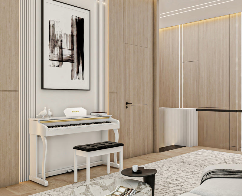 luxury interior with a white digital piano and black stool in a room with wooden walls and a rug.