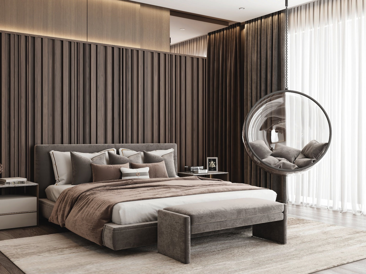 Modern bedroom with a large bed, side tables, and decorative pillows.