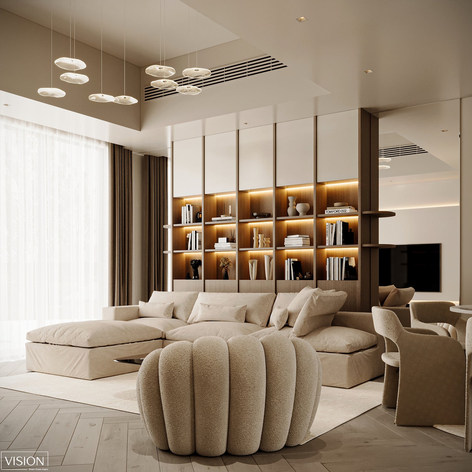 Modern living room with beige sectional sofa and decorative shelves.