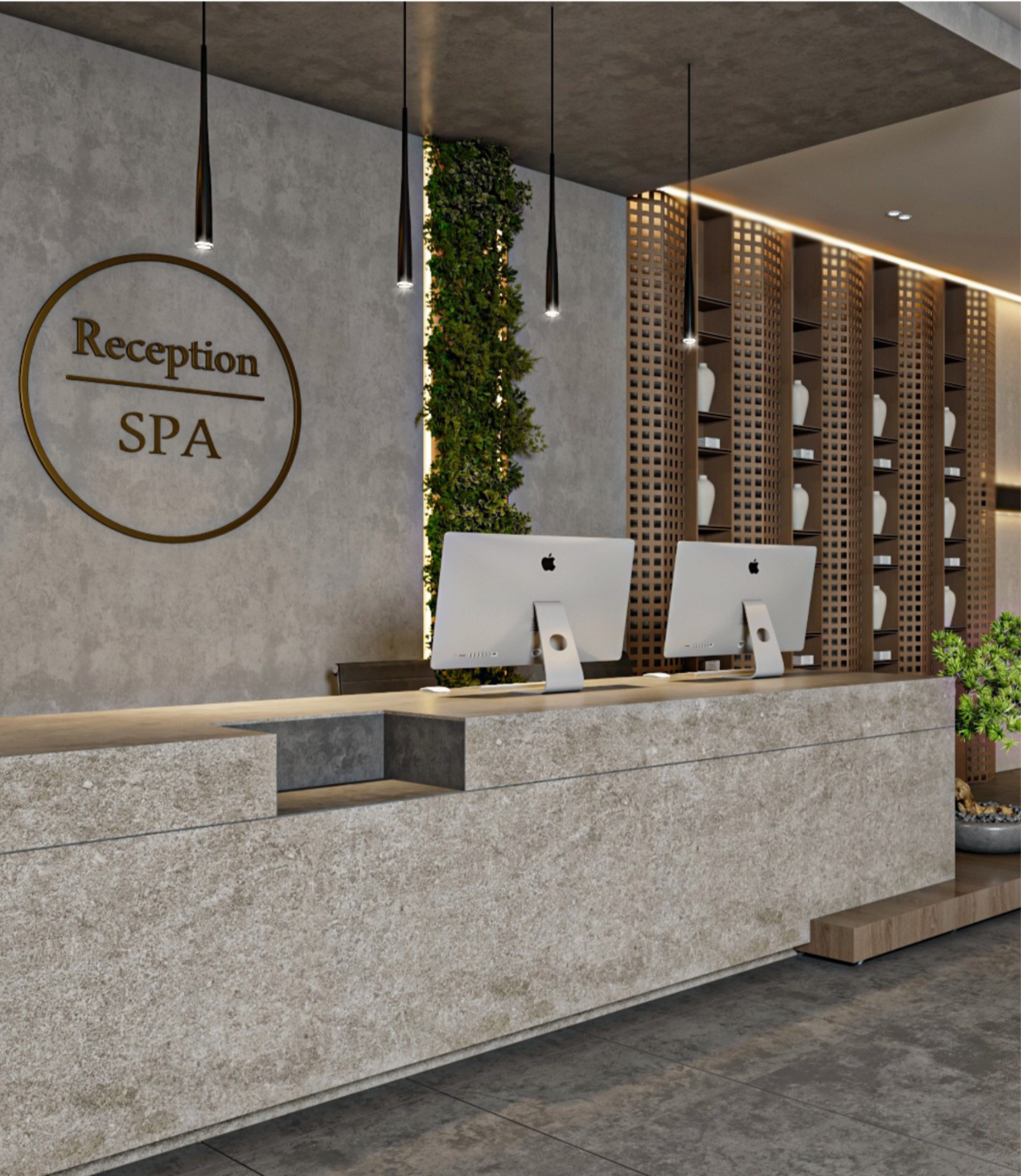 Contemporary spa interior design featuring a stone reception counter and two Apple desktop monitors for client check-in.